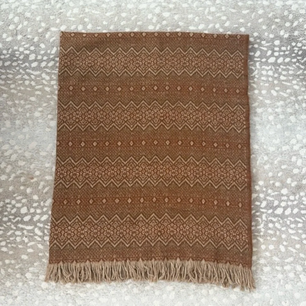 Amana Woolen Mills Vintage Brown‎ Tan Geometric Print Wool Fringe Throw Blanket